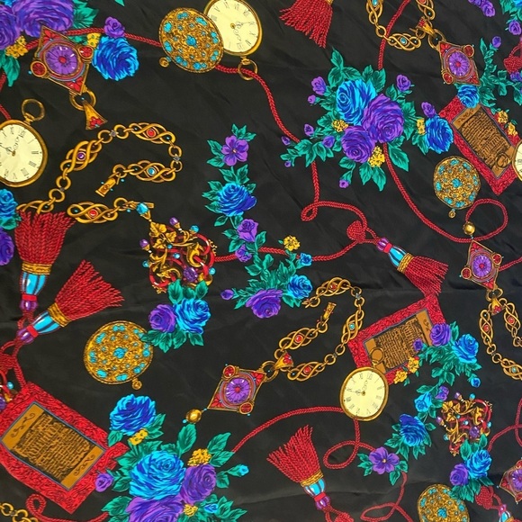 Vintage J.G.HOOK SILK Square Scarf 31”Red Colorful Floral W Chains… - Picture 4 of 13